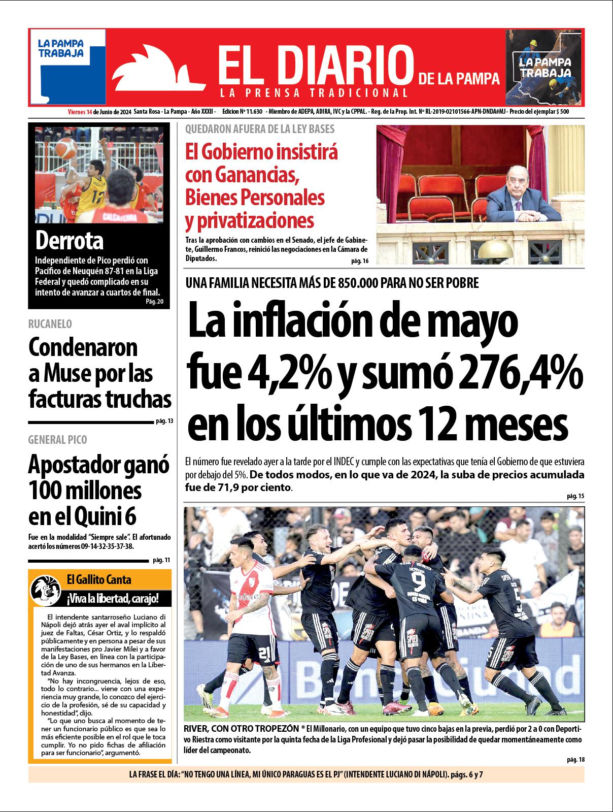 Tapa de El Diario en papel  viernes 14 de junio de 2024
